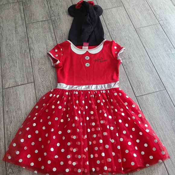Disney Minnie Mouse girls dress red with white polka dot skirt & hood size M 7/8 - Picture 1 of 10